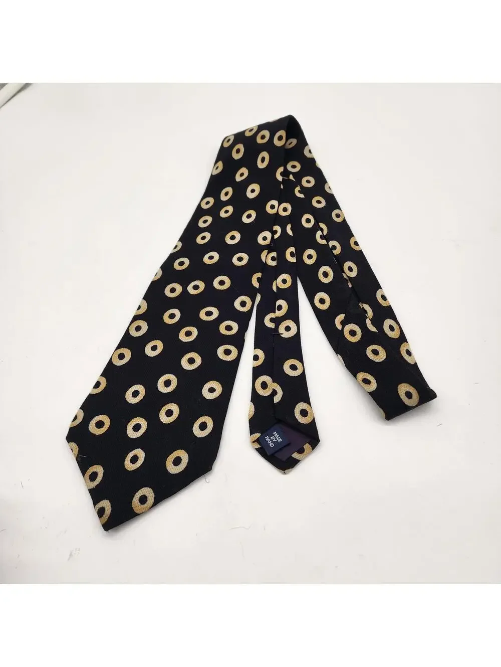 Vtg Polo Ralph Lauren Silk Tie Black Gold Circle Ring Geometric Made By Hand USA